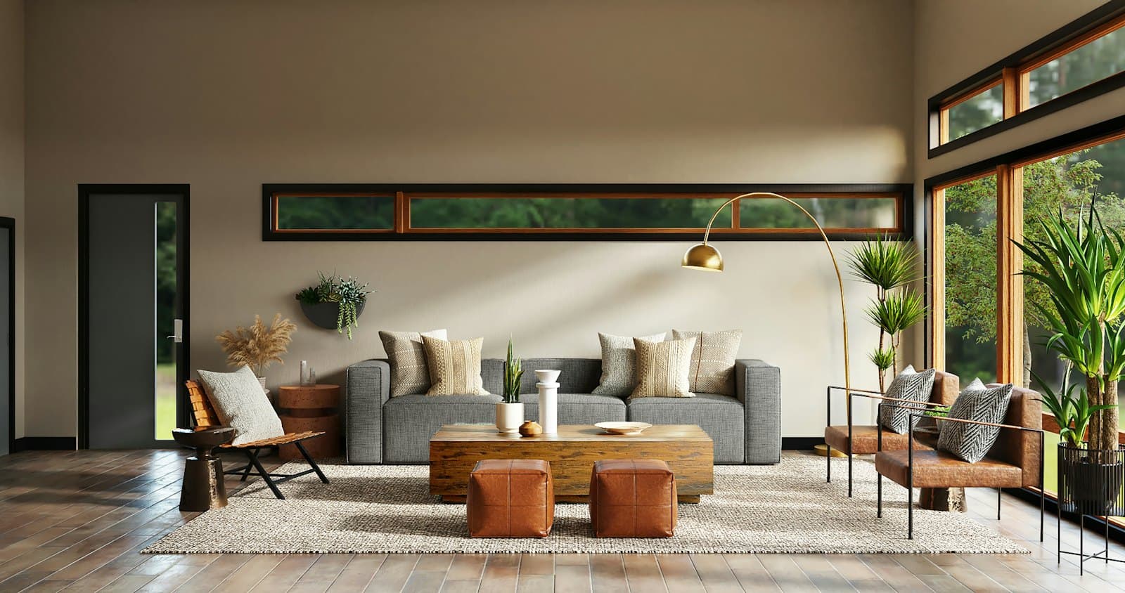 Living room furnished with a sofa and wooden tables